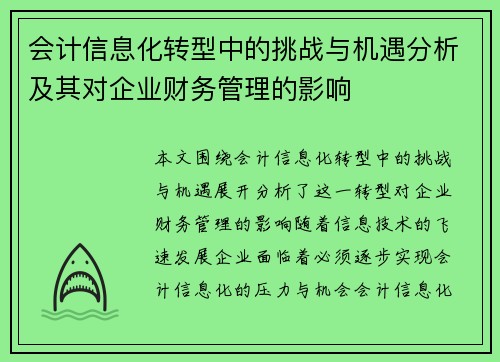 会计信息化转型中的挑战与机遇分析及其对企业财务管理的影响